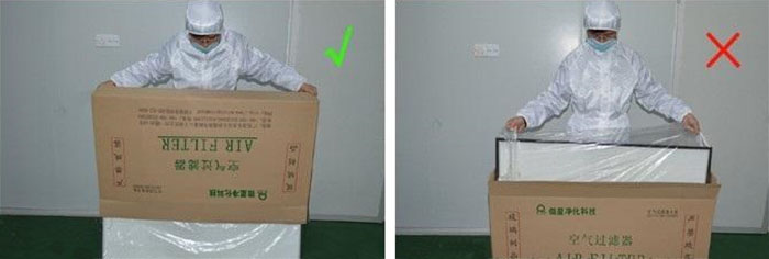 把高效過濾器慢慢倒出來，把紙箱放一邊查看高效過濾器是否損壞